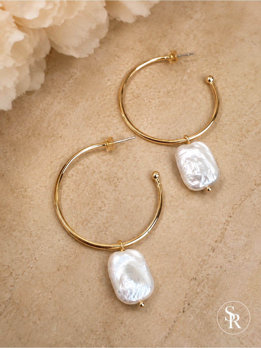 18K Gold Plated Freshwater Pearl Hoop Earrings 1.5” Hoops Baroque Pearls NWT